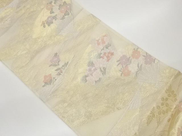 絽扇に草花模様織出し袋帯